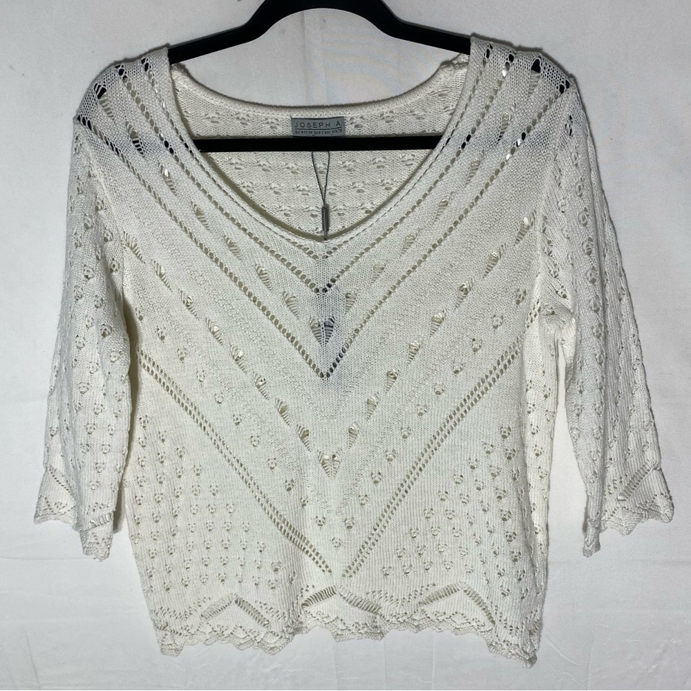 Joseph A White Knit V Neck 3/4 Sleeve Sweater S NWT
